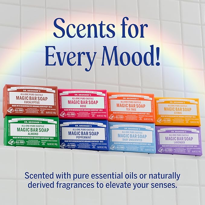 Dr. Bronner's Pure-Castile Magic Bar Soap (Baby Unscented, 5 oz, 6-Pack) - Made with Regenerative Organic Certified Oils, For Face, Body & Hair, Gentle for Sensitive Skin - Vegan, Non-GMO