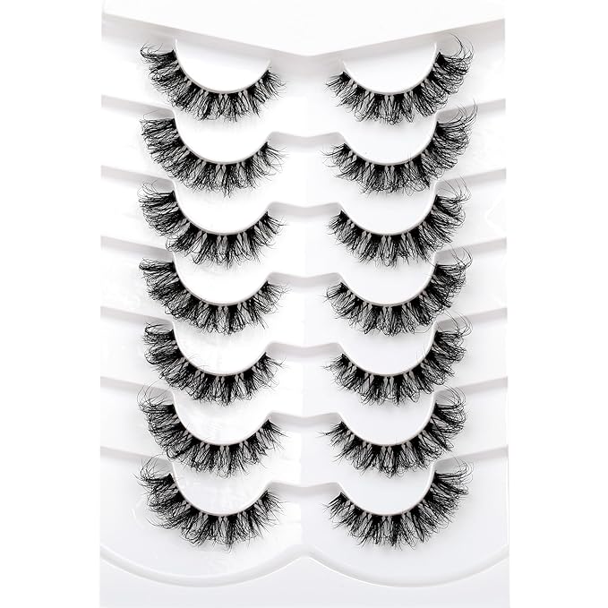 Pooplunch False Eyelash Cat Eye Wispy Lashes D-Curl Extension Volume Natural Wispies Short Clear-Band Fake Eyelashes Faux Mink Lashes Strips 7 Pairs Pack