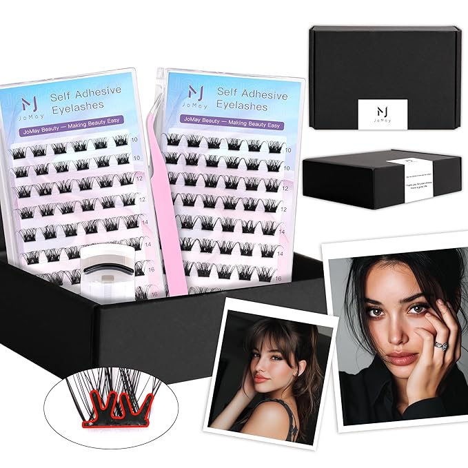 JoMay Self Adhesive Eyelashes, Press on Lashes No Glue Needed, Glueless Lashes Pre-Glued Natural Cluster Extension Kit D Curl For Beginners, No Sticky Residue 1 Step DIY 96PCS 10-16mm X01-X03