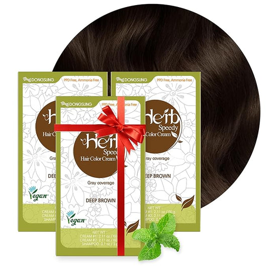 Dongsung Herb Speedy Color Cream(Deep Brown, 3Pack) Korean Herbal Vegan Hair Dye PPD-Free Ammonia-Free Hypoallergenic 100% Gray Coverage, Odorless, Dermatologically Tested, Quick 20-Minute Application