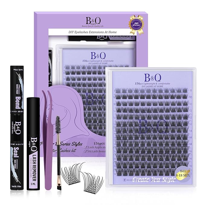 B&Q Wispy Lash Clusters Kit B01, DIY Lash Extension Kit 156PCS Eyelash Extension Kit, Soft Natural Lash Clusters 8-18MIX D Curl Lash cluster, Thin Black Band Cluster Eyelash Extensions (B01 Set)