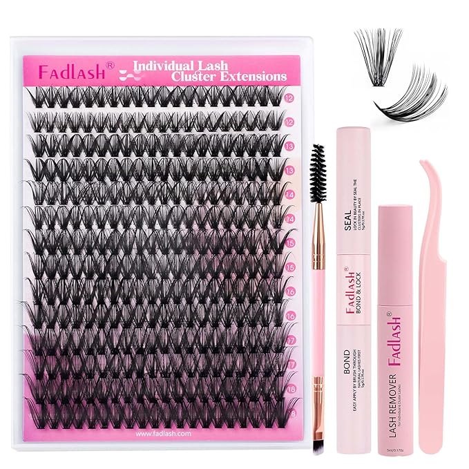 FADLASH DIY Lash Extension Kit Individual Lashes Cluster D Curl Eyelash Extension Kit D Curl Lash Clusters Lash Applicator Tool for Self Application at Home(KIT 40D-D-12-18mm)