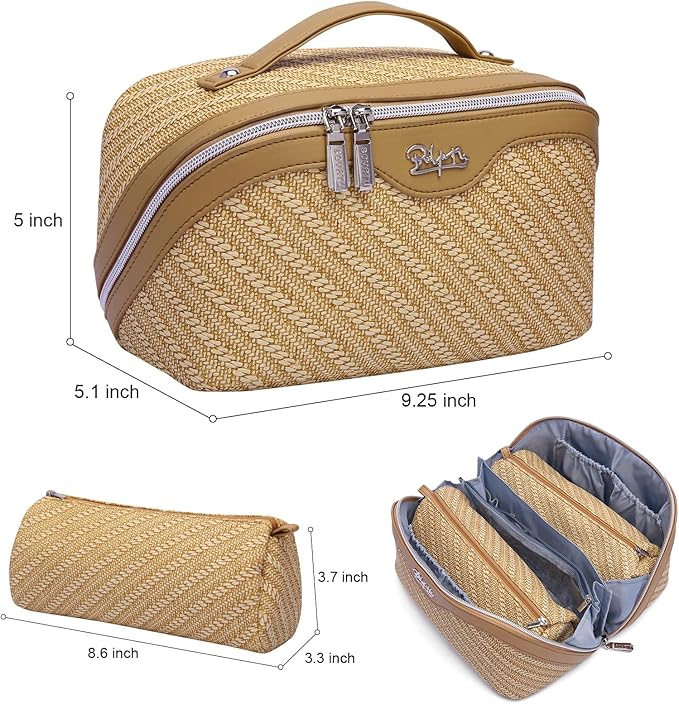 BOYATU Travel Makeup Bag Cosmetic Bags for Women: Large Capacity 3 Pcs Set Make up Bag with Compartments - Waterproof Vegan Leather Toiletry Organizer Bags with Handle (Z-Brown)