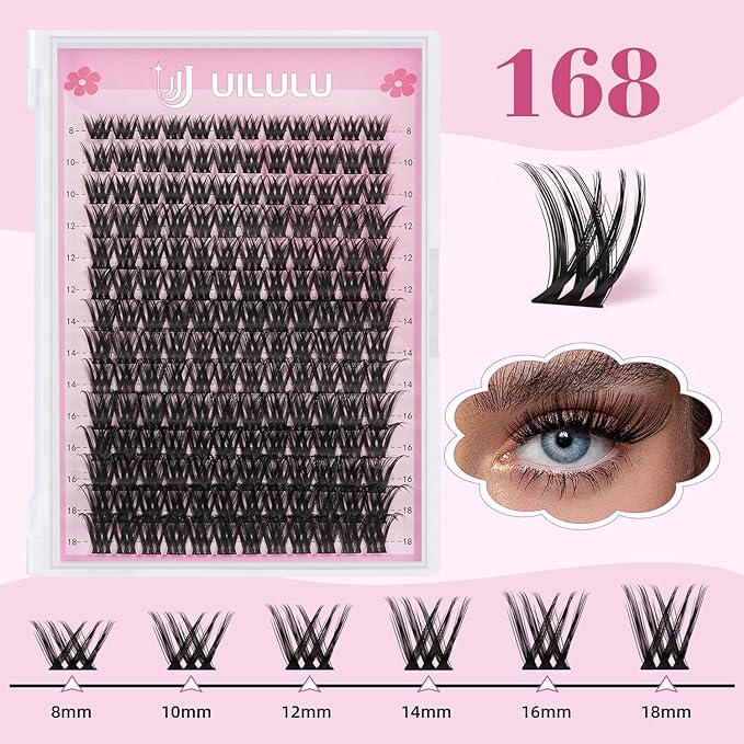 Lash Clusters for DIY Lash Extension at Home, Wispy Natural Individual Clusters Lashes False Eyelashes 168 Count 0.07D 8-18MM Mix D Curl Eye Lash Extensions (U03 Lash 8-18MM)