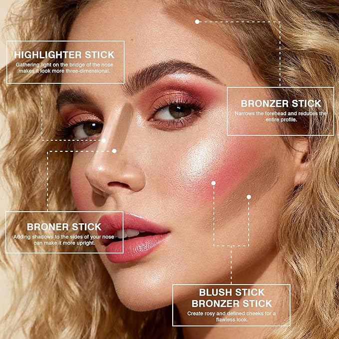 3Pcs Cream Contour Sticks, Shades with Highlighter & Bronzer & Blush, Makeup Kit for Sculpt the Cheeks Long Lasting Dewy & Matte Finish Lightweight Face Contouring Pen LIGHT MEDIUM (SET-A)