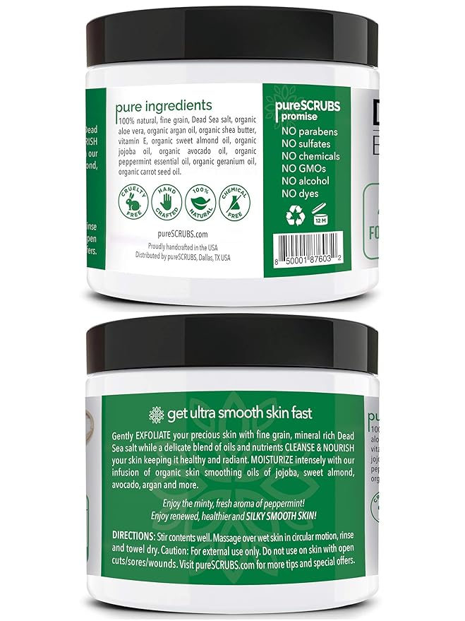 pureSCRUBS Premium Sea Salt Body Scrub Set - Large 16oz Peppermint Scrub With Infused Essential Oils & Nutrients, Includes Wooden Spoon, Loofah & Oatmeal Exfoliating Bar Soap