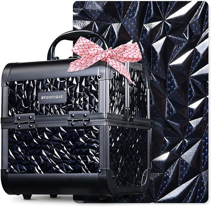 BYOOTIQUE Makeup Organizer Case with Mirror 2-Tier Trays Lockable Cosmetology Case Jewelry Storage box for Nail Tech Beauty Salon Barbershop Hairstylist,Mermaid Black