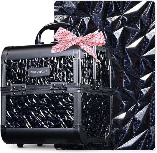 BYOOTIQUE Makeup Organizer Case with Mirror 2-Tier Trays Lockable Cosmetology Case Jewelry Storage box for Nail Tech Beauty Salon Barbershop Hairstylist,Mermaid Black