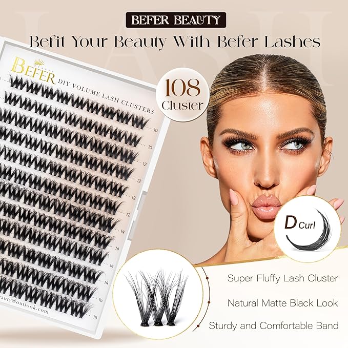 BEFER Lash Clusters Kit, 108 Pcs 3D Curl Eyelash Clusters Volume Individual Lashes Extensions 10-16MM Wispy Eyelash with Tweezers DIY At Home(Brave, ZE11,Kit)