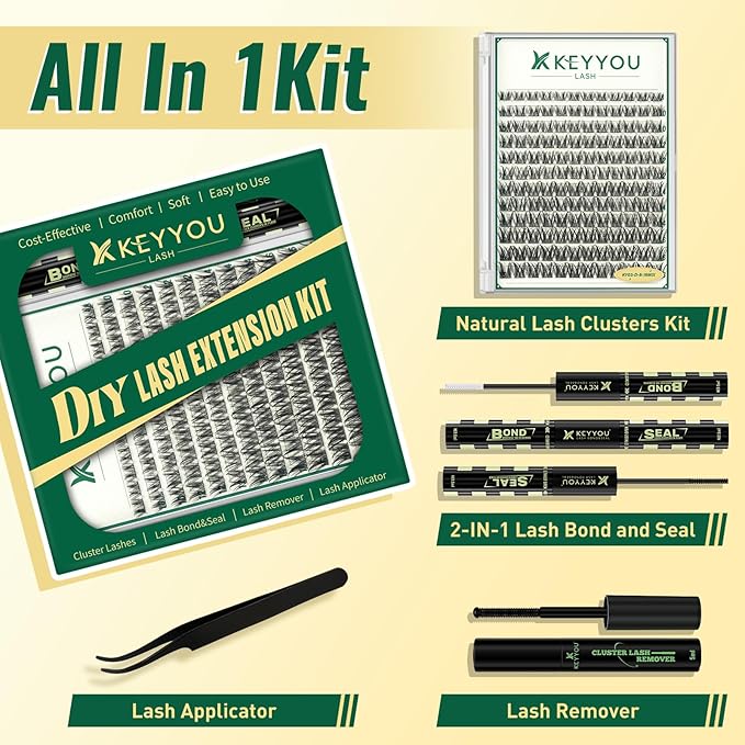 KEYYOULASH Lash Clusters Kit 144pcs 8-18MIX Natural&Wispy Cluster Lashes Thin Band Lash Extension Kit with Bond and Seal,Remover,Applicators for DIY Fluffy Eyelash Extension Kit at Home(KY03 Kit)