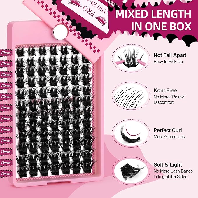 PRO Lash Clusters, 84Pcs Cluster Lashes Rotary Mirror Case Individual Lashes DIY Lash Extension Eyelash Clusters 10-16 Mix Fluffy Wispy Lashes Thin Band Not Fall Apart(Posh, C-10-16mix)