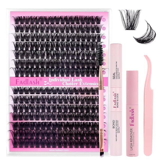 FADLASH DIY Lash Extension Kit Individual Lashes Cluster D Curl Eyelash Extension Kit D Curl Lash Clusters Lash Applicator Tool for Self Application at Home(KIT 80D+100D-D-12-18mm)