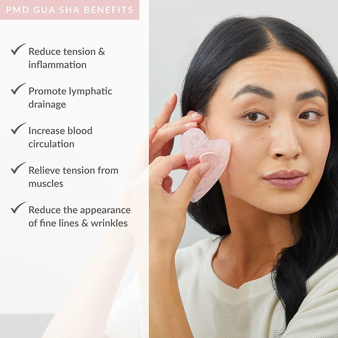 PMD Beauty Gua Sha Facial Tools - Massaging, Sculpting and Depuffing Guasha Tool for Face with Rose Quartz and Silicone Grip - Reduce Tension & Inflammation, with Starter Kit