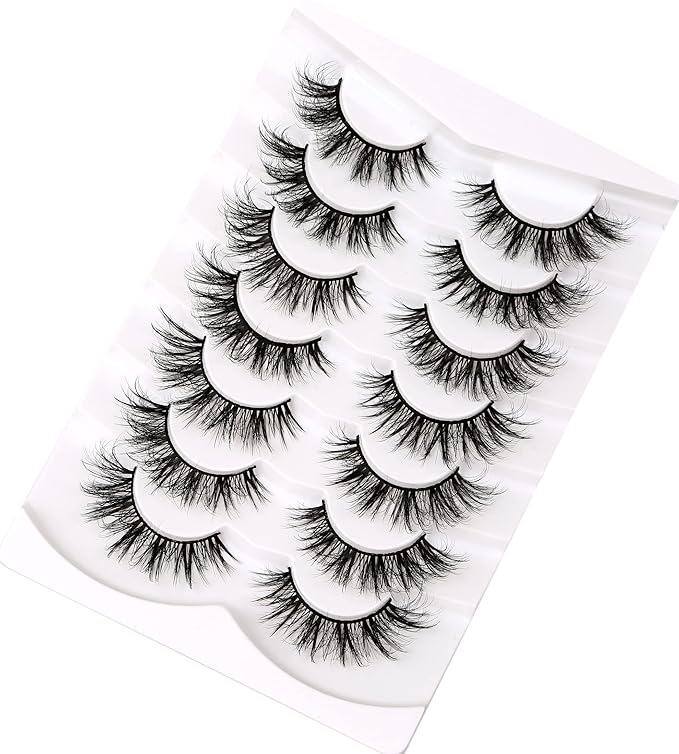 Pooplunch False Eyelashes Wispy Mink Lashes Cat Eye Natural Crossed Cluster Look 8D Volume Fake Eyelash Strips Faux Mink Lashes 7 Pairs Pack