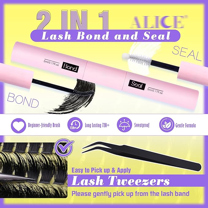 ALICE Wispy Lash Clusters Kit 100D Thick Volume Eyelash Clusters Kit Manga Eyelash Extension Kit Russian D-Curly Individual Lashes Kit with Lash Glue, 228pcs Spiky Lash Extensions, Tweezers