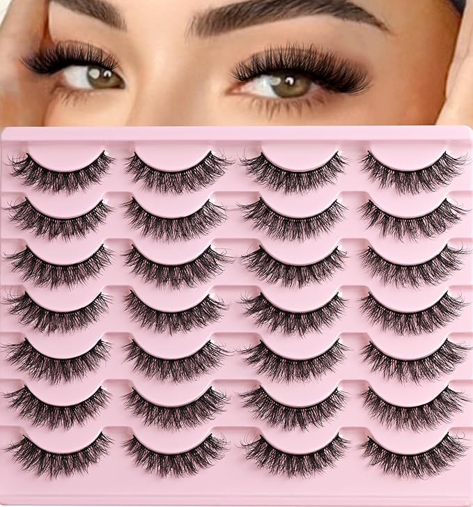 Lashes Wispy False Eyelashes Cat Eye Lash Strips Natural Fake Eyelash Mink Strip Lash Pack 14 Pairs Lightweight Fluffy Cateye Lashes Soft Cotton Band 8-14mm Wispies Easy Eyelashes Natural Look