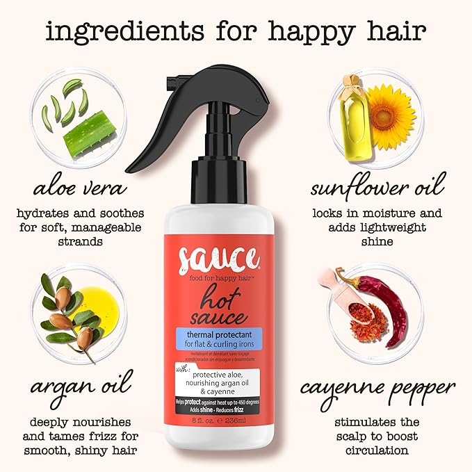 SAUCE BEAUTY Hair Heat Protectant Spray (8 Fl Oz) Hot Sauce Thermal Protectant Spray with Argan Oil, Aloe & Cayenne, Anti Frizz & Adds Shine, Blow Dry & Flat Iron Hair Spray for All Hair Types
