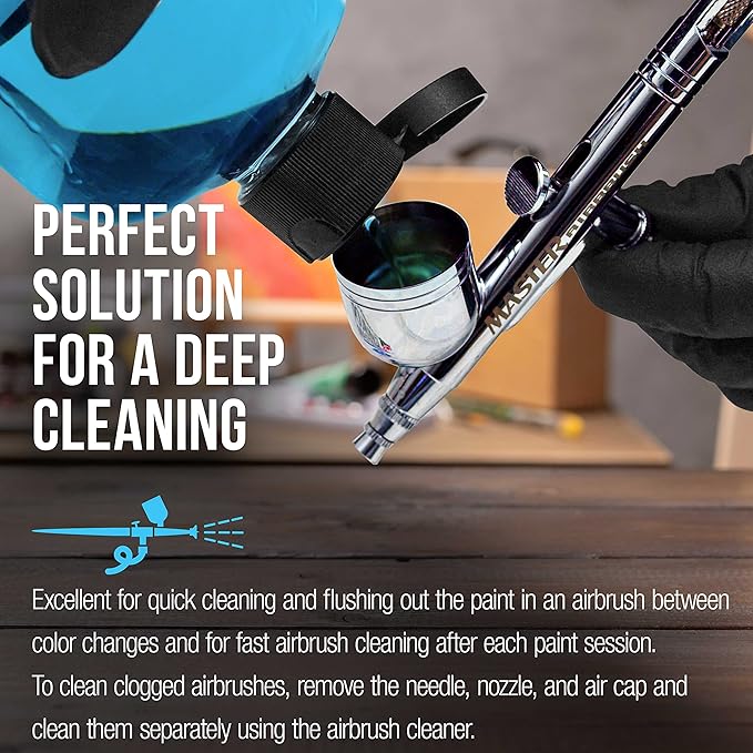 Master Airbrush Cleaner, 16-Ounce Pint Bottle - Fast Acting Cleaning Solution, Quickly Remove Water-Based Acrylic Paint, Watercolor, Makeup - Clean Clogged Airbrushes, Brushes, Artist Tools