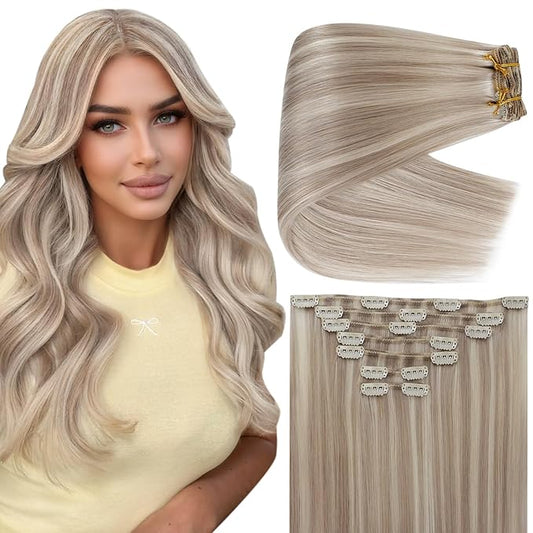 Full Shine Human Hair Clip in Extensions 24 Inch Ash Blonde Highlighted Platinum Blonde Long Thick Clip in Human Hair Extensions for Wedding 150 G 7 Pcs