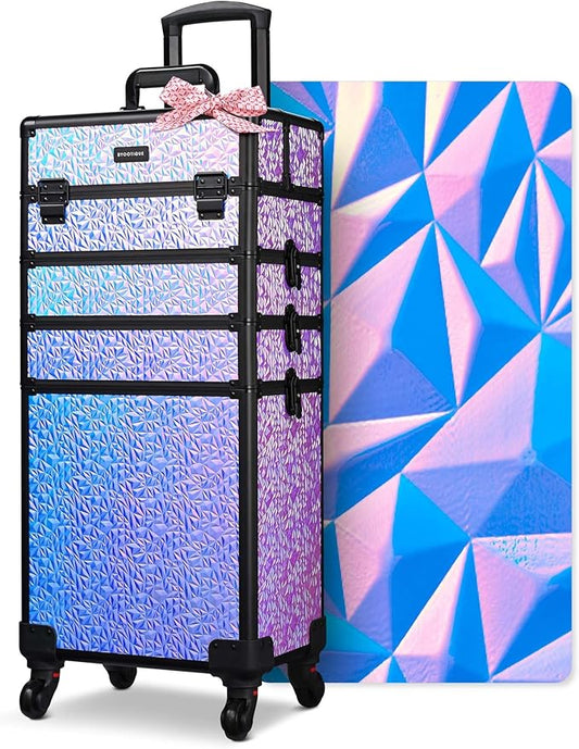BYOOTIQUE 4in1 Rolling Makeup Case on wheels Nail Traveling Organizer box False Eyelash Storage for Nail Technician Beauty Salon Barbershop Hairstylist,Mermaid Purple