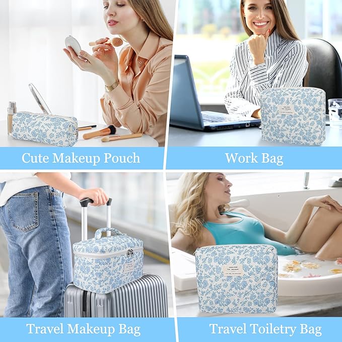 3pc Makeup Bag Set, Quilted Makeup Bag Set, Large Floral Cosmetic Bag for Women, Cute Cotton Makeup Bags, Flower Travel Toiletry Organizer Bag (Pink Crushed flower)