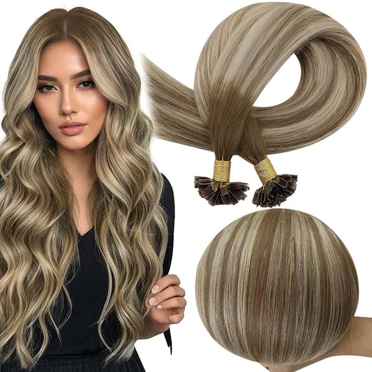 Full Shine Ktip Human Hair Extensions 24 Inch 50 Grams Medium Brown Ombre Ash Brown and Honey Blonde Keratin Tip Hair Extensions Long Straight Remy Hair add Length