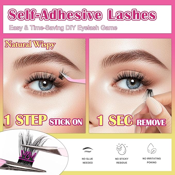 JoMay Self-Adhesive Eyelashes, Press on Lashes No Glue Needed, Glueless Pre-Glued D Curl Cluster Lashes for Beginners, No Residue, Pre-Separated L/R Eye, 1-Step DIY, 120PCS (X10)