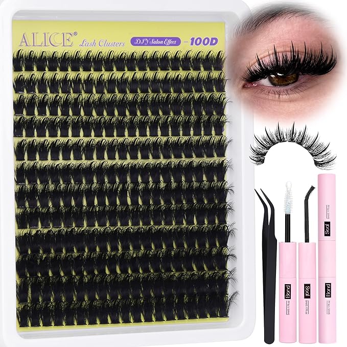 ALICE Wispy Lash Clusters Kit 100D Thick Volume Eyelash Clusters Kit Manga Eyelash Extension Kit Russian D-Curly Individual Lashes Kit with Lash Glue, 228pcs Spiky Lash Extensions, Tweezers