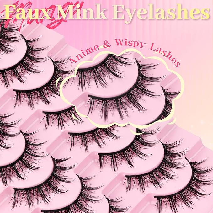 Ahrikiss Lashes Manga Lashes Natural Look Anime False Eyelashes 8 Pairs Faux Mink Lashes Kit with Lash Glue and Lash Tweezers Soft Wispy Fake Eyelashes Cosplay Spiky Strip Lashes (Comic Kit)
