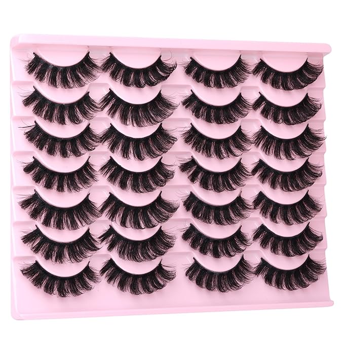 False Eyelashes Volume Russian Strip Lashes D-Curly Cat Eye Lashes Natural Fake Eyelashes Extension Handmade Soft Reusable 14 Pairs Wispy Lashes Pack