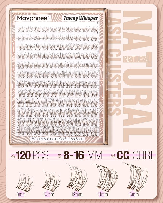 Natural Lash Clusters Brown Eyelash Cluster Clear Band Individual Lashes Wispy Cluster Eyelash Extensions Dark Brown Lashes Extensions DIY Lash Pack by Mavphnee (120Pcs, 8-16MM, CC-Curly)