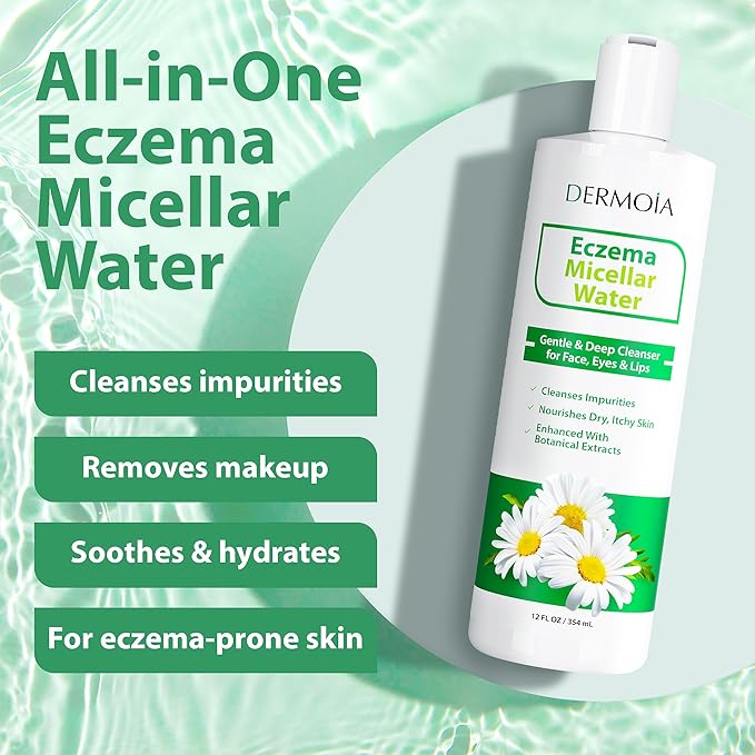 Eczema Micellar Water - Gentle Facial Cleanser and Makeup Remover for Sensitive & Eczema Prone Skin - Hydrating Micellar Cleansing Water with Soothing Colloidal Oatmeal & Cucumber (12 fl oz)