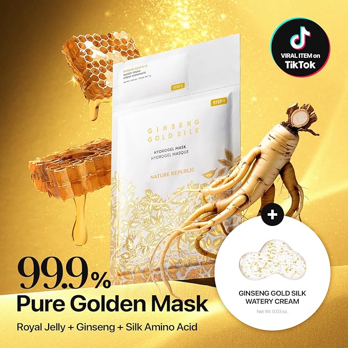 Nature Republic 2-Step Ginseng Gold Silk Hydrogel face Mask, Hydrating Overnight gold mask, Ginseng Niacinamide & Silk Amino Acid,Royal Jelly Extract, Holiday Gifts, Korean Skin Care 34.5g x4ea
