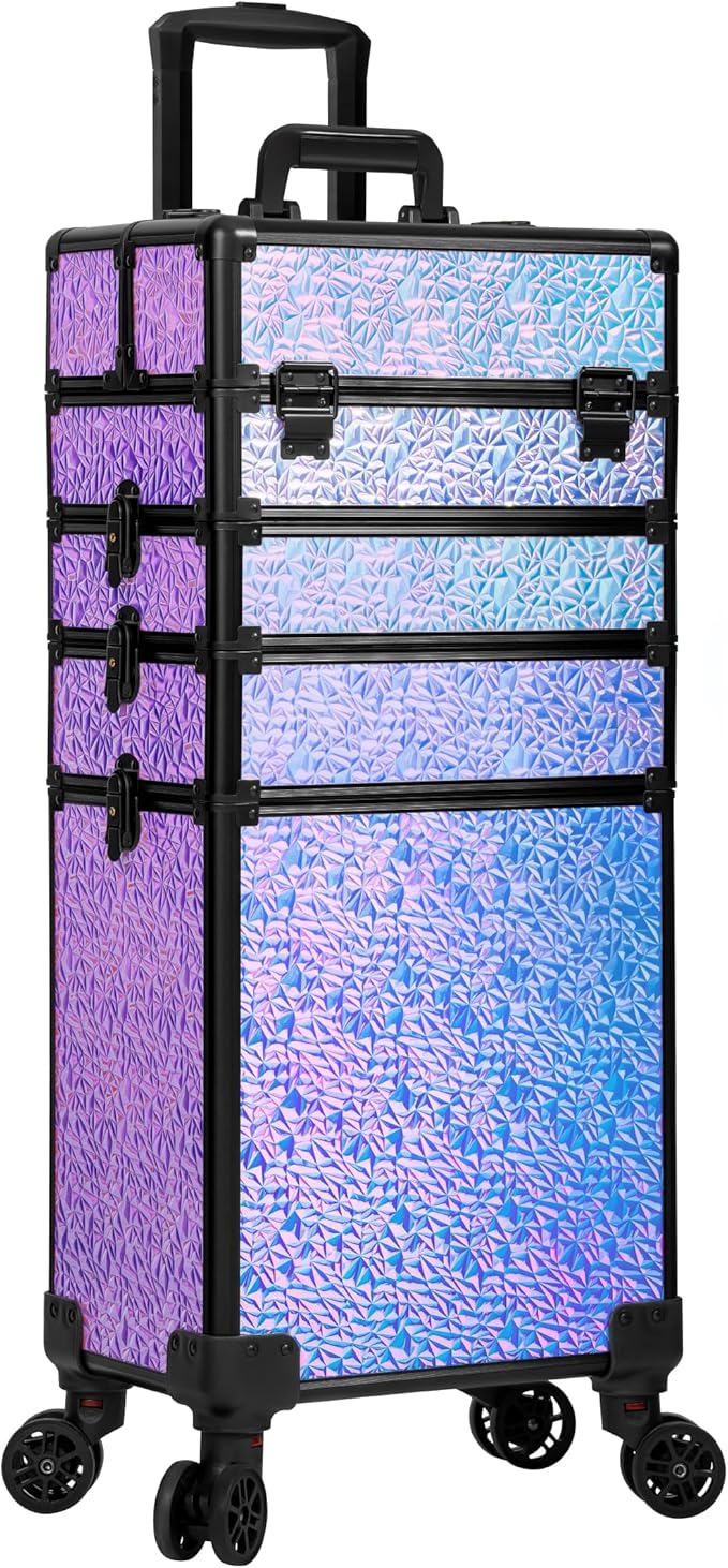 Profesional Rolling Makeup Train Case with Lid, 5 in 1 Cosmetology Case on Wheels, Large Cosmetic Trolley Organizer Travel for Hairstylist Artist Nail Beauty Salon Barber, Gravel Purple