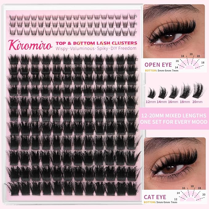 Kiromiro Lash Clusters Kit 12-20mm Thick Lash Extensions Kit Top & Bottom Eyelash Clusters Kit with Lashes Bond and Seal Fluffy Cluster Lashes with Spikes DIY Individual Eyelash Extensions