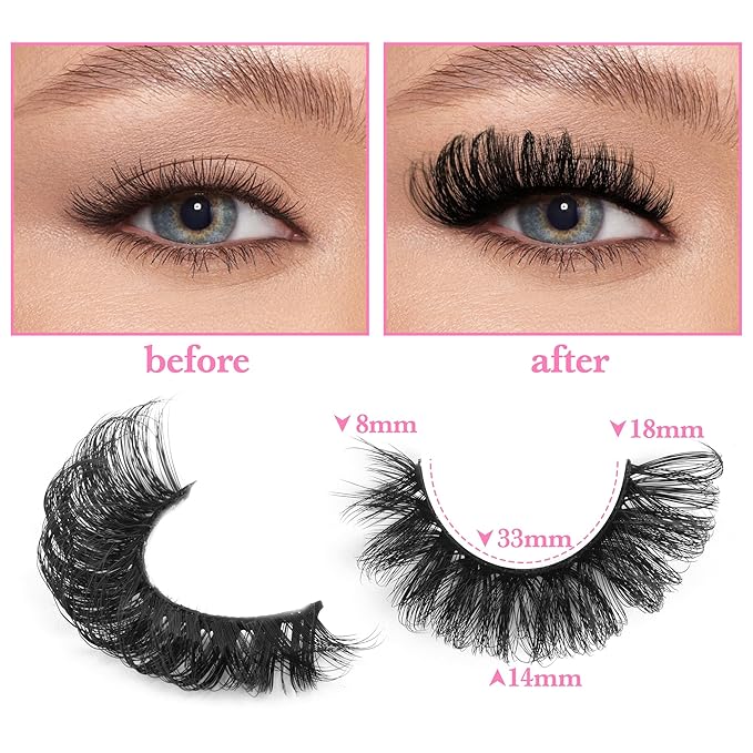 False Eyelashes Volume Russian Strip Lashes D-Curly Fake Eyelashes Extension Wispy Cat Eye Lashes Handmade Soft Reusable 14 Pairs Lashes Pack