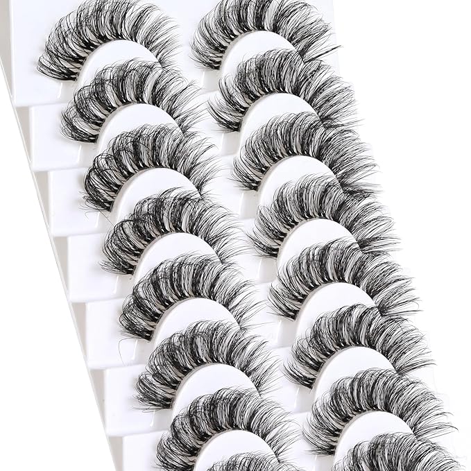 Veleasha Lashes Russian Strip Lashes Eyelashes with Clear Band Looks Like Eyelash Extensions D Curl Lash Strips 10 Pairs Pack (DT01)