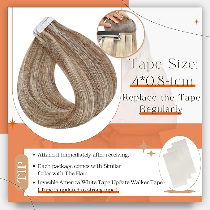Full Shine Tape in Hair Extensions Human Hair Color 10P613 Golden Brown Highlighted Bleach Blonde Tape in Extensions 20 Inch Hair Extensions Tape ins Natural Invisible Skin Weft Hair 50G 20pcs
