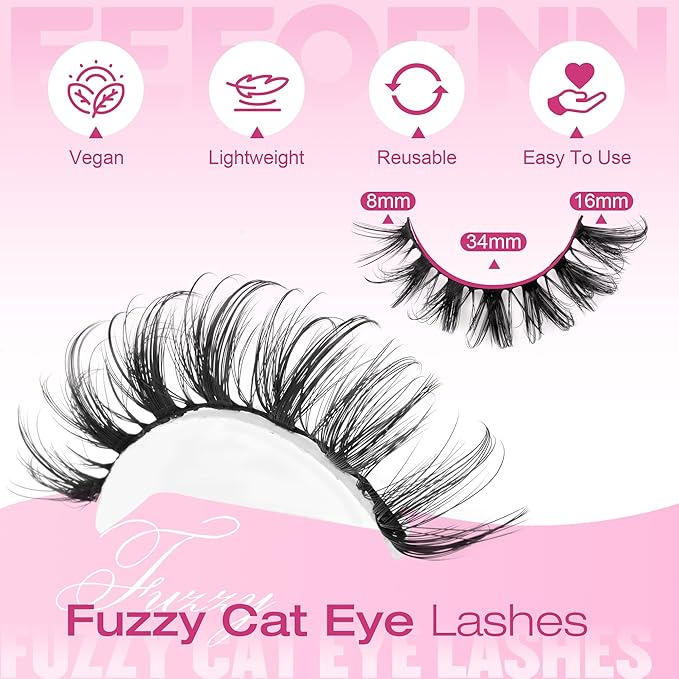 Eefofnn Natural False Eyelashes D Curly Lashes Cat Eye Russian Strip Lashes Fluttery Eyelashes 16mm Wispy Fake Lashes that Look Like Extensions Volume Faux Mink Eyelashes 10 Pairs Pack