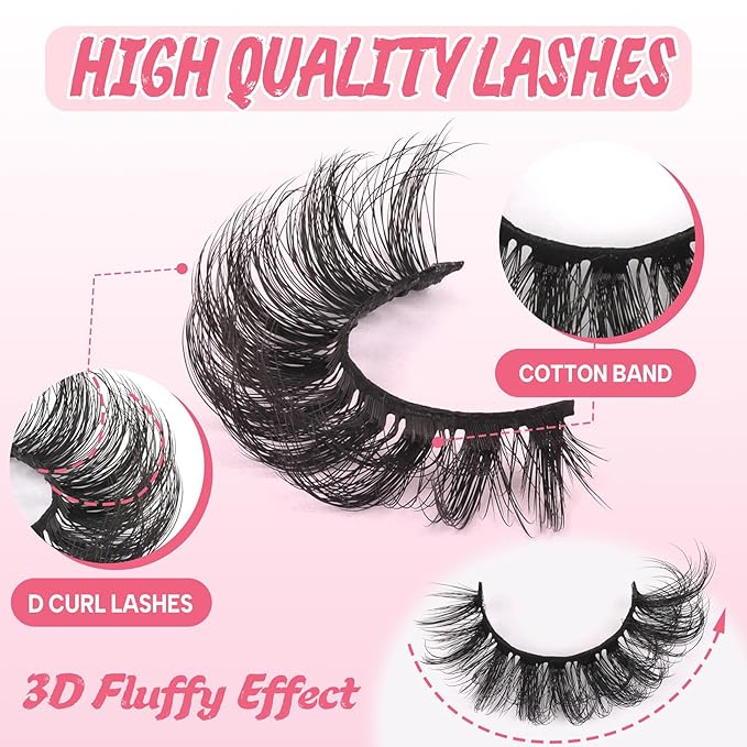 Ahrikiss Lashes Russian Strip Lashes That Look Like Extensions D Curl Fluffy False Eyelashes 10 Pairs 3D Volume Fake Lashes Wispy Faux Mink Lashes Natural Look (D17)