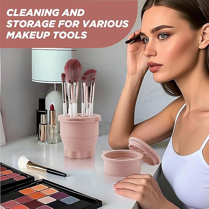 Makeup Brush Cleaner - Foldable Silicone Makeup Brush Cleaner Mat with Brush Storage Holder Makeup Brush Cleaning Bowl Cosmetic Brush Washing Tool for Cleaning Organizer and Drying (Nude Pink)