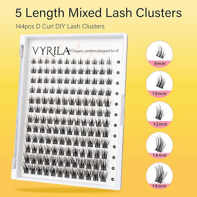 Lash Clusters 8-16mm, False Eyelashes 144pcs, Cluster Eyelash Extensions Matte Black Soft, Diy Lash Extensions D Curl Natural Lash Clusters Faux Mink Lashes Wispy（Blaze,144pcs,0.07,D,8-16MIX)