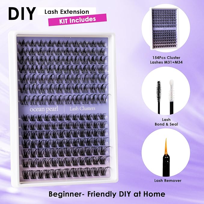 Ocean Pearl Lash Clusters Kit 154pcs,Eyelashes,spike-effect cluster lashes,10-18mm manga/anime-inspired lashes clusters,DIY Cluster Eyelash Extensions kit with lash bond+seal+remover+tweezers-M31+M34