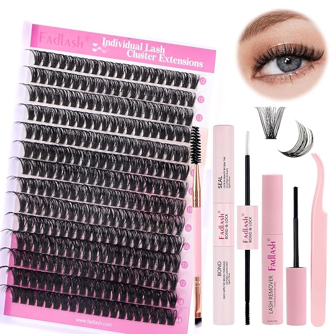 FADLASH DIY Lash Extension Kit Individual Lashes Cluster D Curl Eyelash Extension Kit D Curl Lash Clusters and Lash Applicator Tool for Self Application at Home(KIT 60D-D-12-18mm)