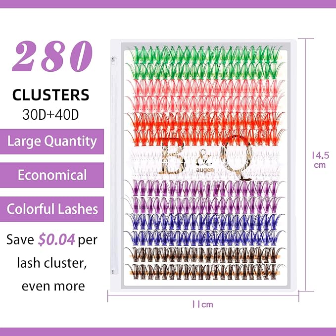 B&Q Lash Clusters Colored DIY Eyelash Extensions 280 Clusters Lashes 40D-D-16mm 7 Color Mix Volume Eyelash Clusters Wispy Individual Cluster DIY at Home(7MIX,40D-D-16mm)