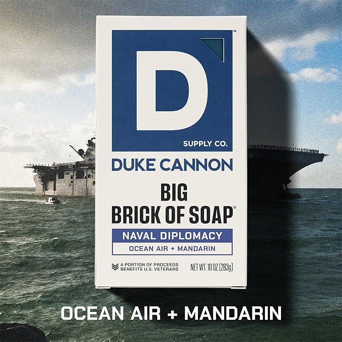 Duke Cannon Naval Diplomacy Big Brick of Soap - Ocean Air and Mandarin Scent - 10oz Bar Soap for Men Long -Lasting - Triple-Milled - Moisturizing with Natural Oils - Supports U.S. Veterans