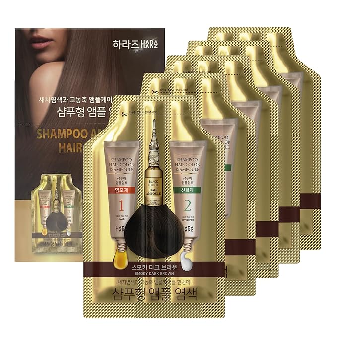 Instant Permanent Hair Color Dye Shampoo Ampoule - Paraben-Free, 5-Minute Easy and Fast Coloring, Gray Cover Hair Dye with Keratin & Collagen, Made in Korea (Dark Brown)