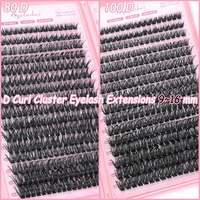Lash Clusters Kit, 640 Pcs Eyelashes Clusters Extensions Kit 9-16mm Individual Lashes D Curl Fluffy Wispy False Eyelashes Thin Band(80D&100D)