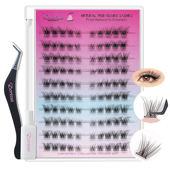 Lash Clusters Pre Glued Individual Eyelashes Cateyes Self Adhesive False Lashes No Glue Needed 8-14mm Professional Volume Extension Kit with Tweezers