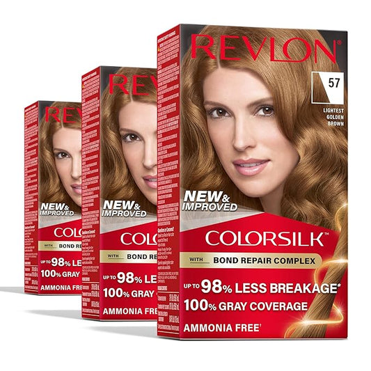 Revlon ColorSilk with Bond Repair Complex, Brown Permanent Hair Color, 100% Gray Coverage, Ammonia Free Hair Dye, Vegan Keratin, 57 Lightest Golden Brown (Pack of 3)